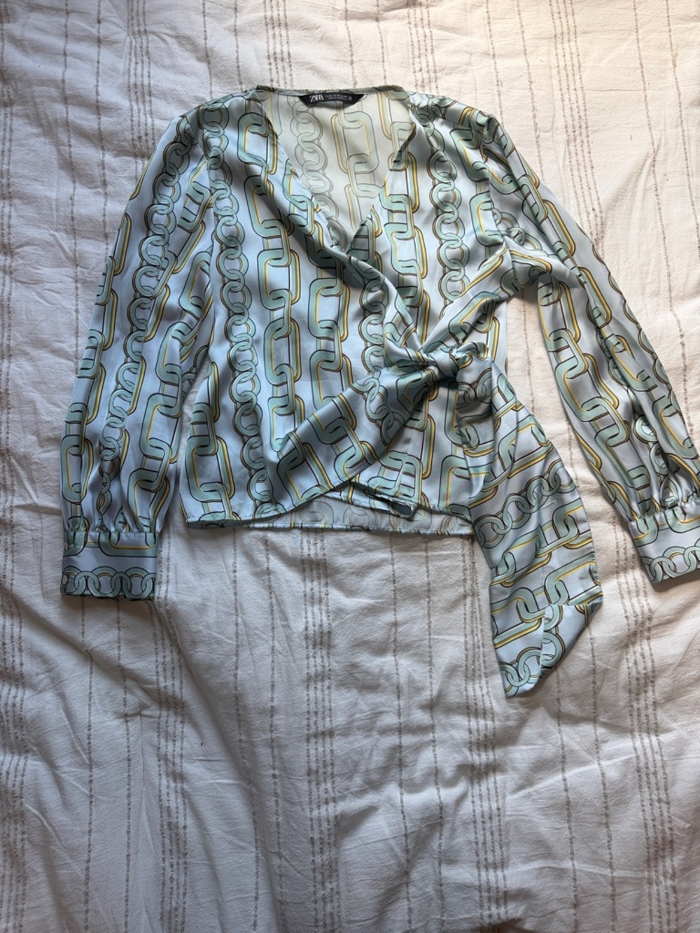 Zara Chain-Print satin Wrap Top in Mint & Gold